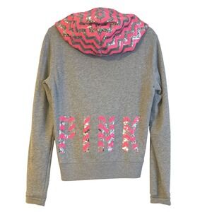 RARE Y2K Victoria's Secret Pink Sequin Bling Zip Up Jacket Hoodie Chevron Grey M